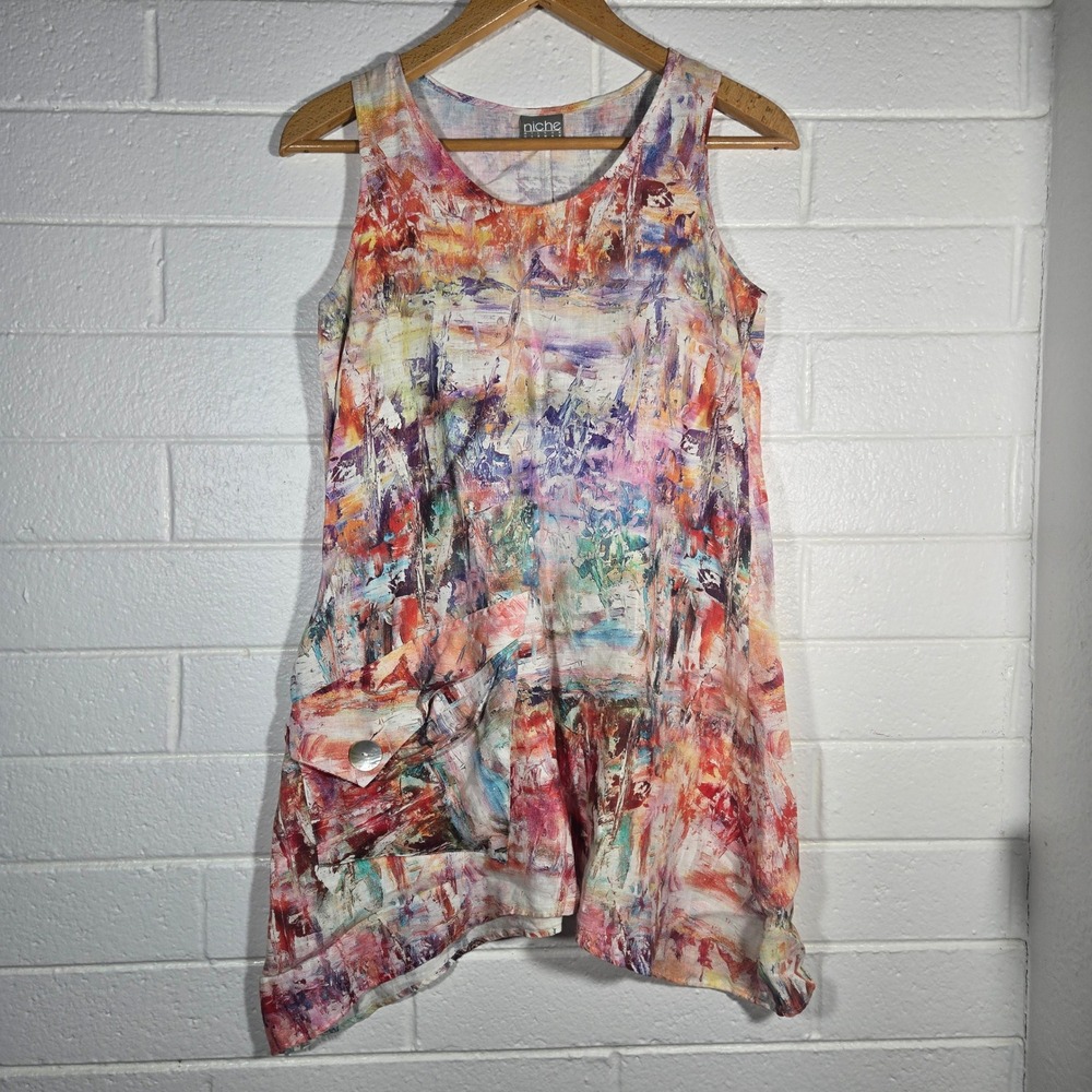 Vtg NICHE Nilgün Derman 100% Linen Tank Tunic Dress Top (Fits‎ Medium) Artsy